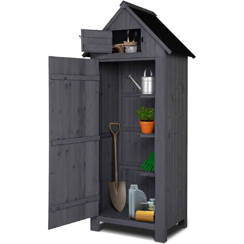 Gardening Tools Organizer - 屋外木製収納庫、庭用収納庫、安全機能付き屋外ツールキャビネット、パティオ収納オーガナイザー（グレー）