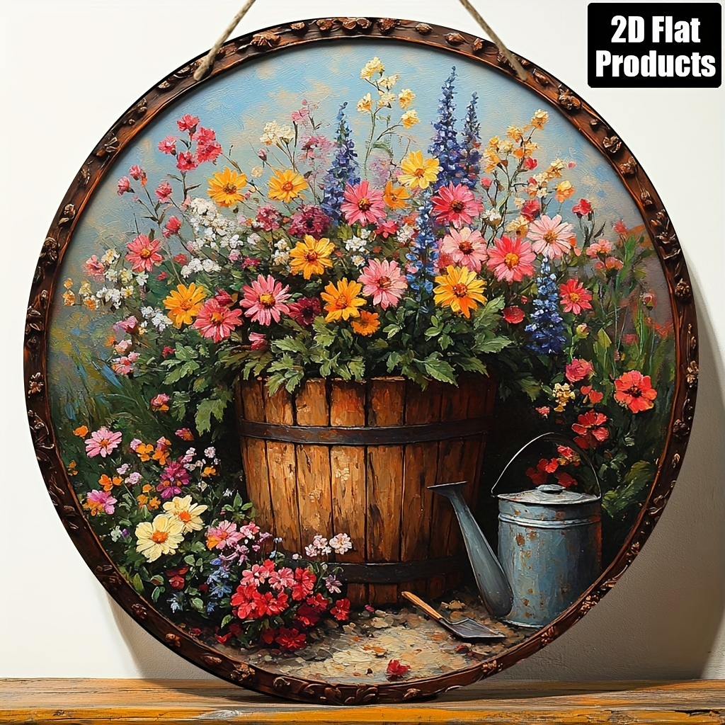 Gardening Tools Store - 2Dフラット、1個、丸い木製装飾絵画サイン、ガーデンツールとフラワーデザインテーマ、バーキッチンコーヒーショップに最適